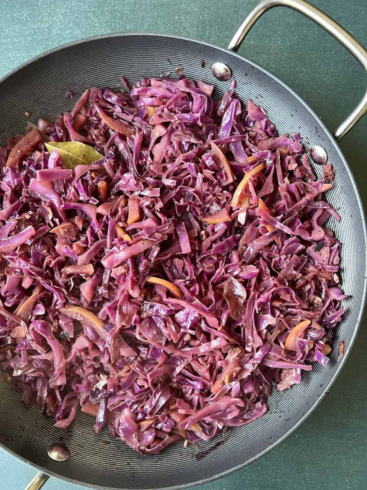 after simmering, the red cabbage takes on a roasted color and soft texture