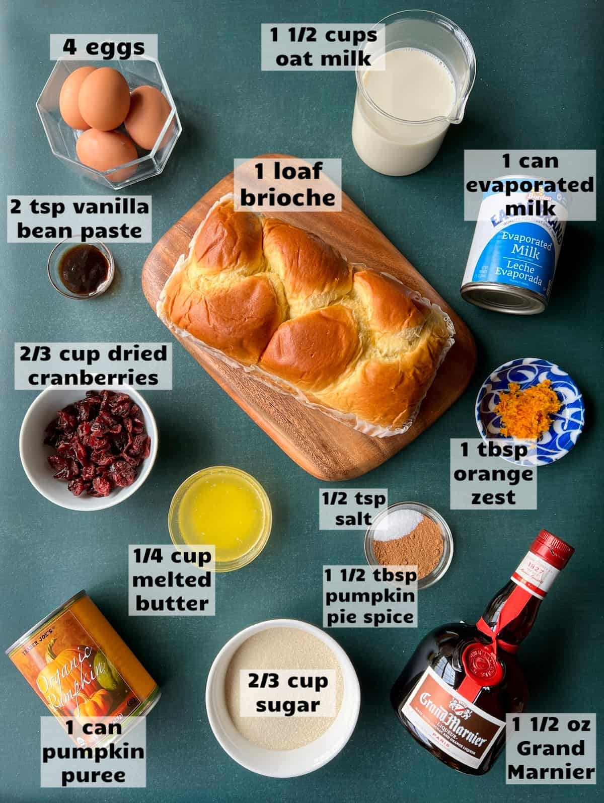 all of the ingredients needed to make pumpkin brioche bread pudding are laid out on a work surface and labeled
