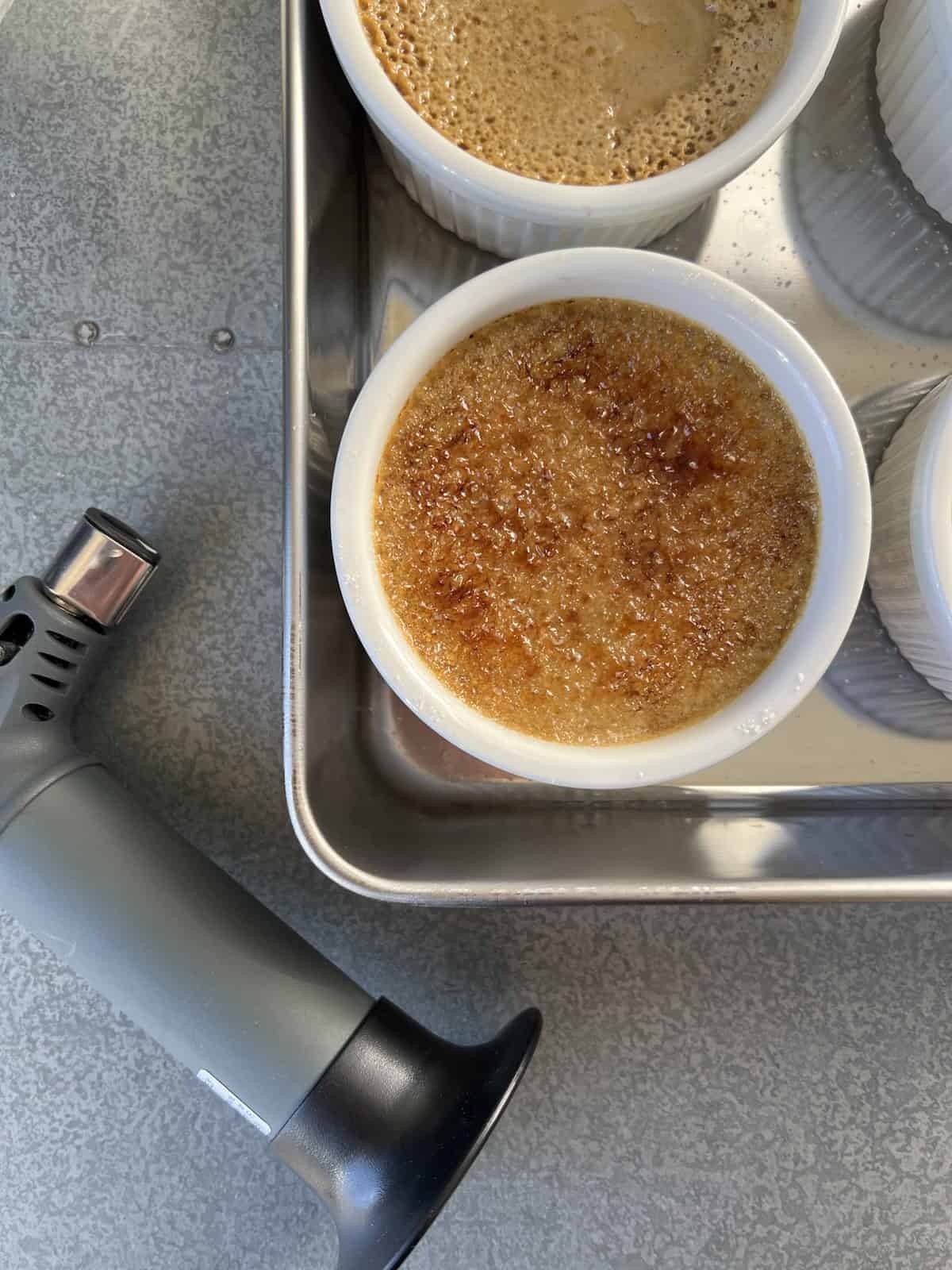 after being torched, the coating of sugar is golden brown and crisp