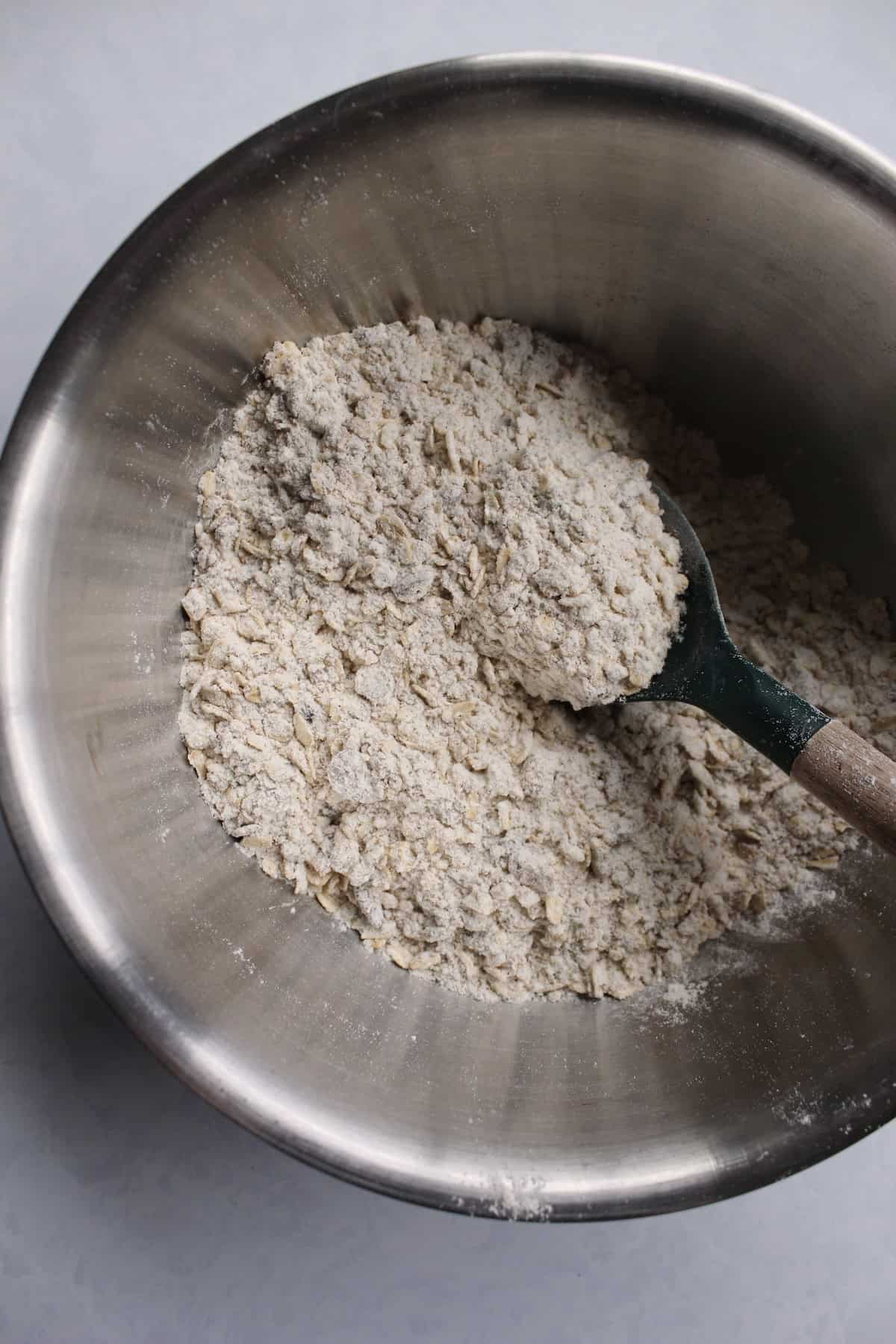 the dry ingredients are stirred together into a coarse but uniform mixture