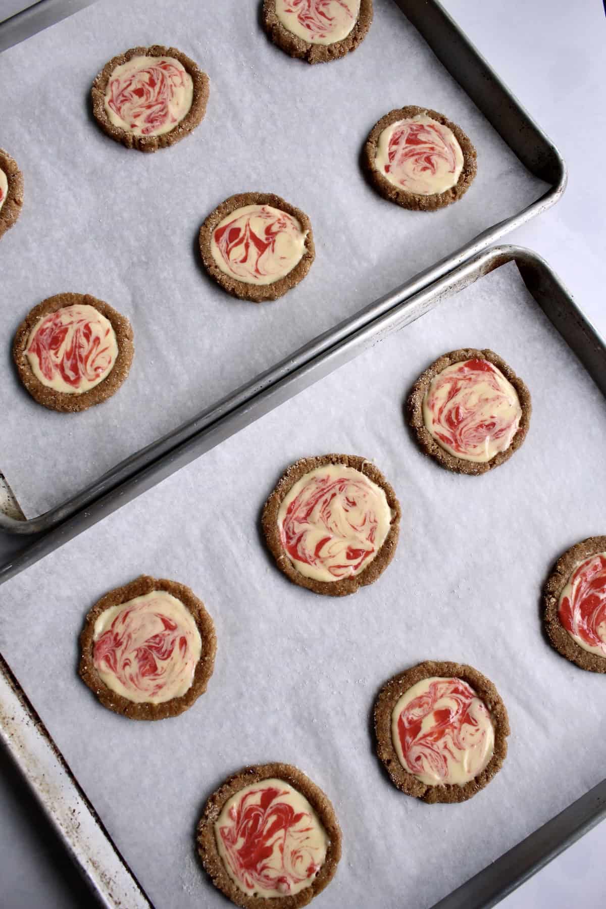the all of the cookies are swirled and ready to go into the oven.