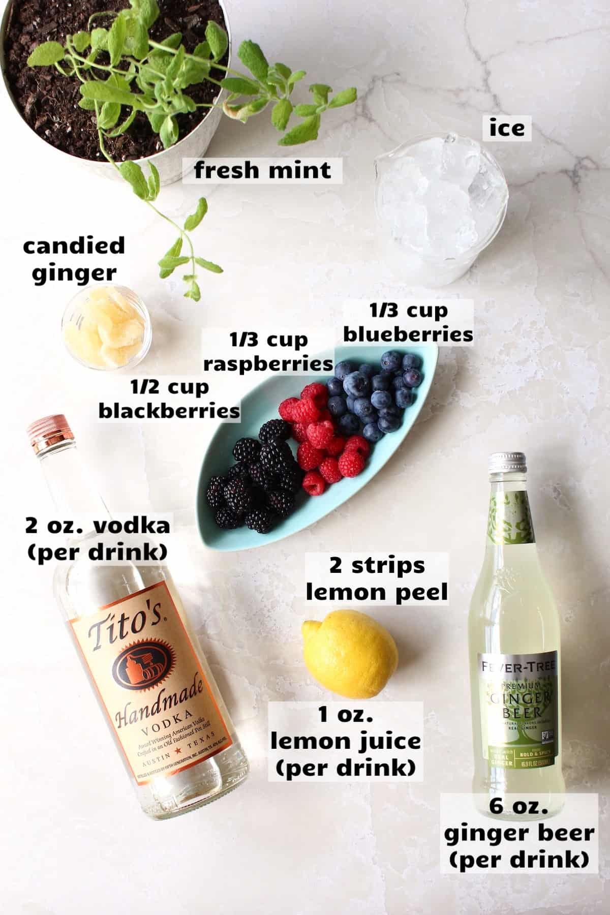all of the ingredients needed to make berry moscow mules are laid out on a work surface and labeled