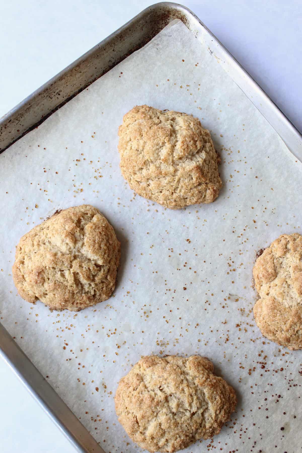 the fully baked shortcake biscuits have a rustic shape and deep golden brown edges